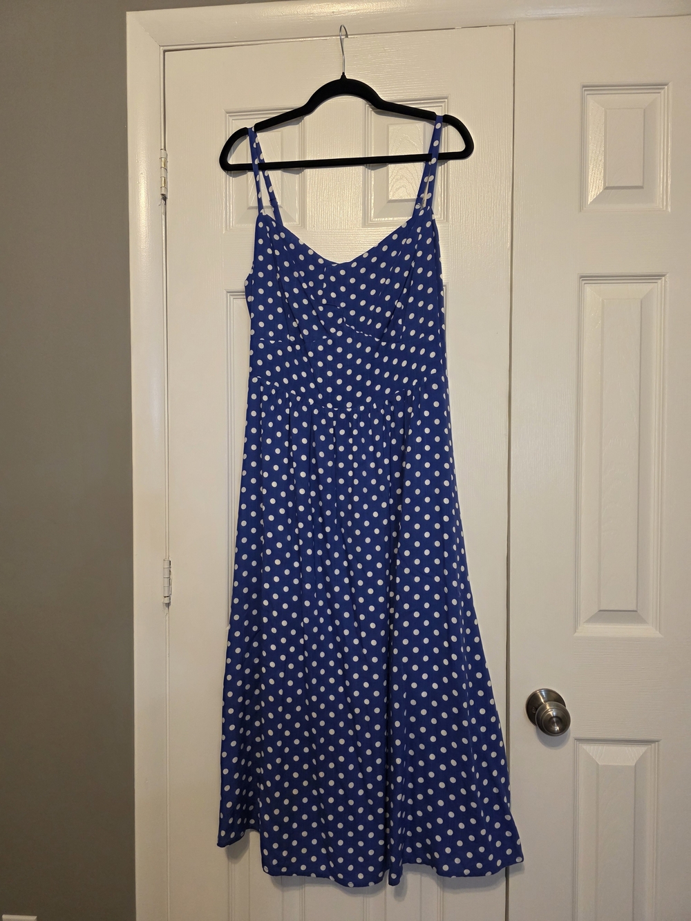 Blue Polka Dot Midi Dress with Spaghetti Straps - Size 16